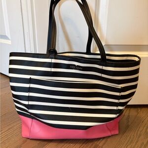 kate spade Black & White Striped Tote with Pink Base